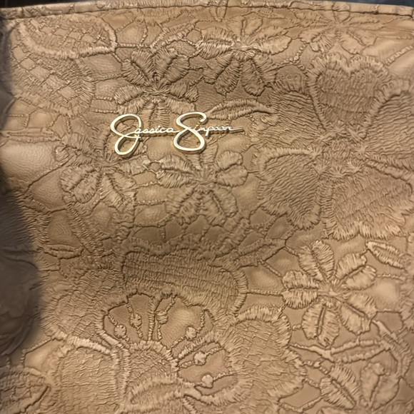 Tan Floral Jessica Simpson Satchel Purse with Leopard Interior - Picture 2 of 11
